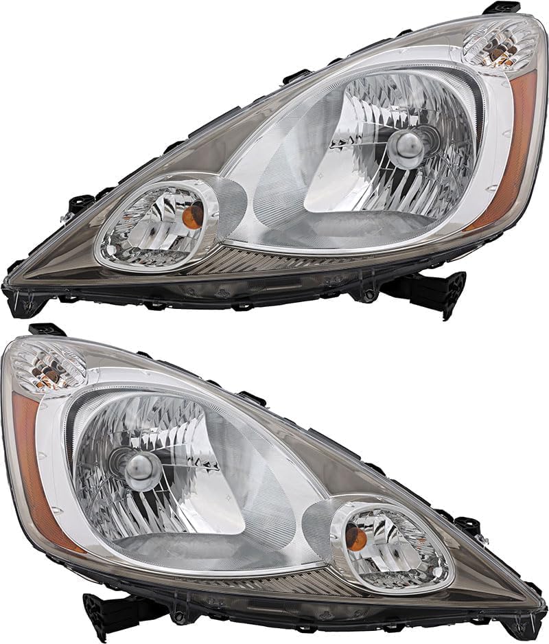 Front Bumper Cover Primed Plastic + Upper & Lower Grille + Headlights + Fog Light Left Driver & Right Passenger Side Direct Replacement Compatible With 2009-2011 Honda Fit