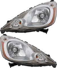 Front Bumper Cover Primed Plastic + Upper & Lower Grille + Headlights + Fog Light Left Driver & Right Passenger Side Direct Replacement Compatible With 2009-2011 Honda Fit