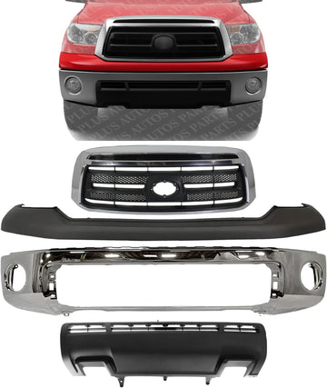 Front Bumper Face Bar Chrome Steel + Upper Cover Primed + Lower Valance Panel Textured + Grille Assembly Direct Replacement Compatible With 2010-2013 Toyota Tundra TO1002182 TO1200337