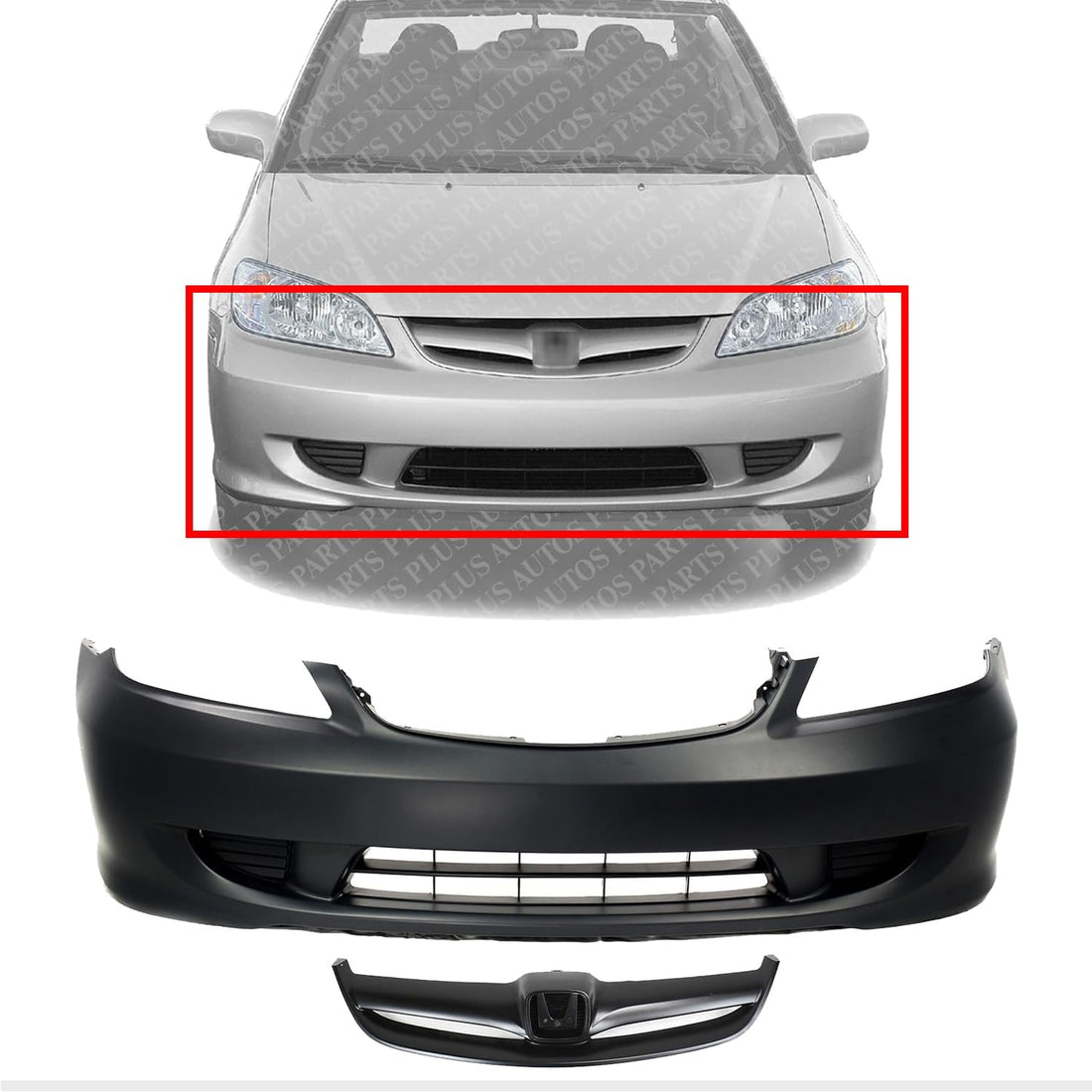 Front Bumper Cover Primed + Grille Painted Black Shell & Insert Direct Replacement Compatible With 2004-2005 Honda Civic HO1000216 HO1200164 04711S5AA91ZZ 71122S5AA00ZB