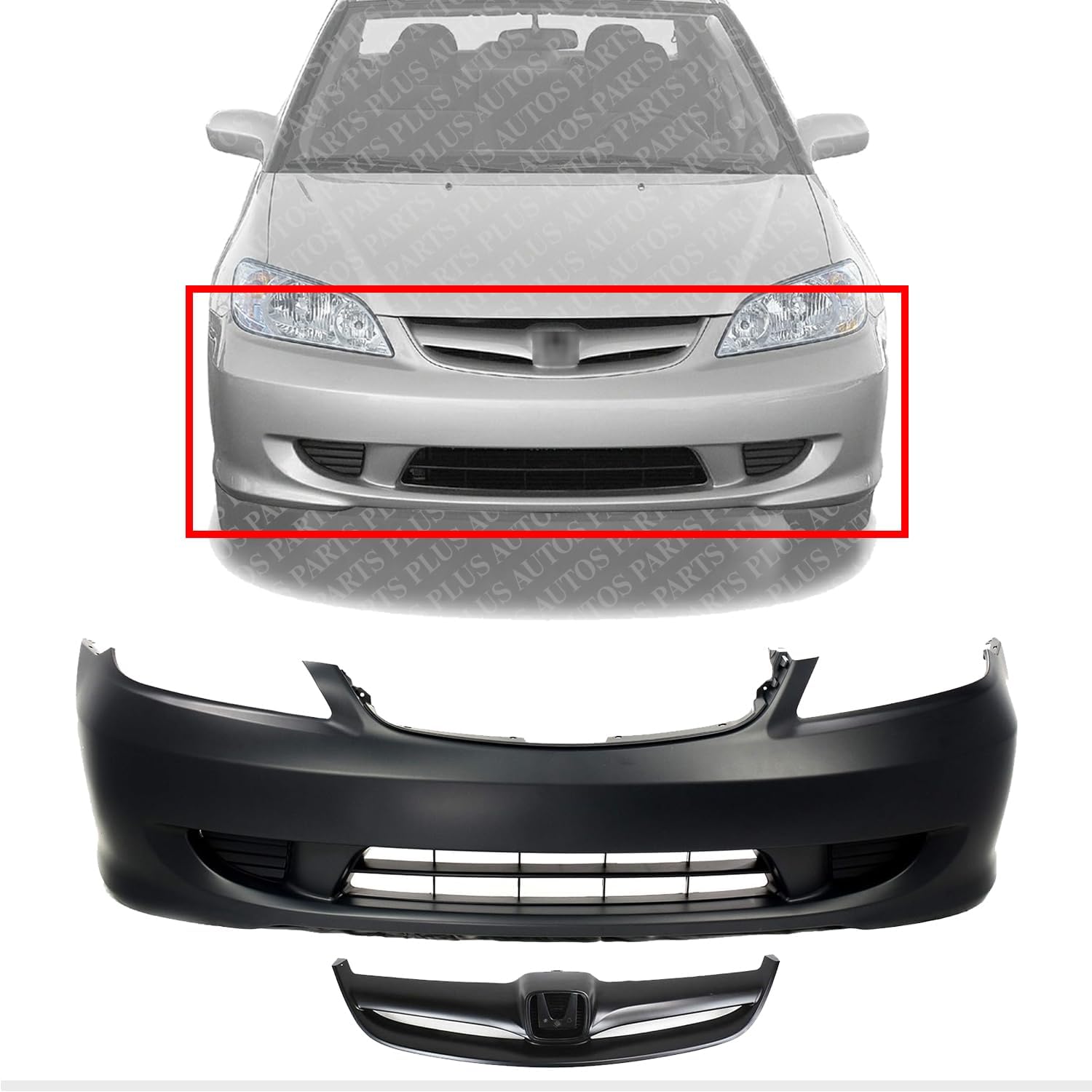 Front Bumper Cover Primed + Grille Painted Black Shell & Insert Direct Replacement Compatible With 2004-2005 Honda Civic HO1000216 HO1200164 04711S5AA91ZZ 71122S5AA00ZB