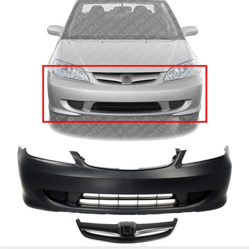 Front Bumper Cover Primed + Grille Painted Black Shell & Insert Direct Replacement Compatible With 2004-2005 Honda Civic HO1000216 HO1200164 04711S5AA91ZZ 71122S5AA00ZB