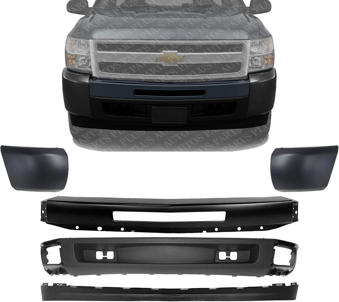 Front Bumper Primed + Lower Valance Air Deflector + Extension + End Caps Left Driver & Right Passenger Side Direct Replacement Compatible With 2009-2013 Chevrolet Silverado 1500