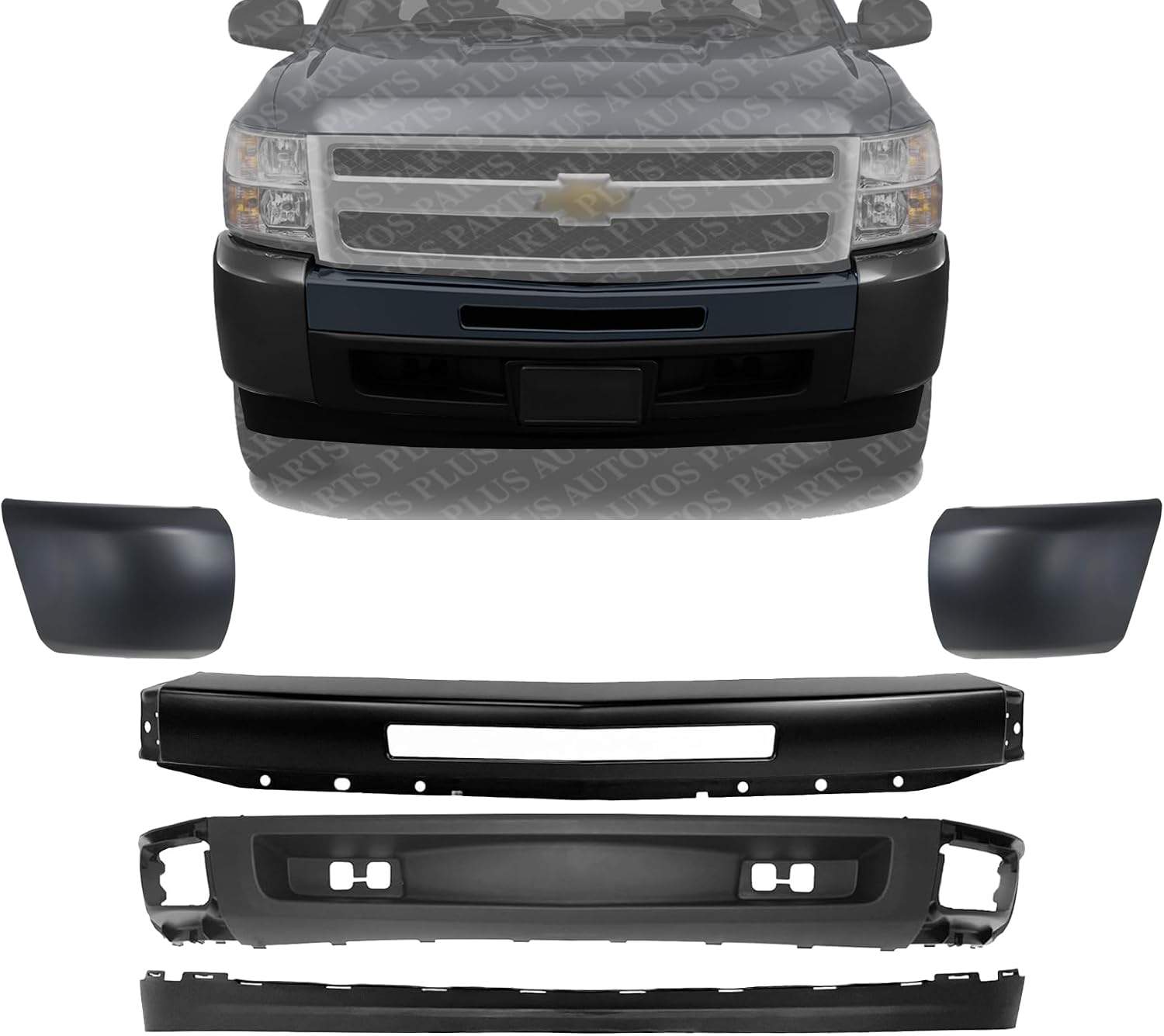 Front Bumper Primed + Lower Valance Air Deflector + Extension + End Caps Left Driver & Right Passenger Side Direct Replacement Compatible With 2009-2013 Chevrolet Silverado 1500