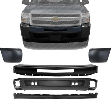 Front Bumper Primed + Lower Valance Air Deflector + Extension + End Caps Left Driver & Right Passenger Side Direct Replacement Compatible With 2009-2013 Chevrolet Silverado 1500