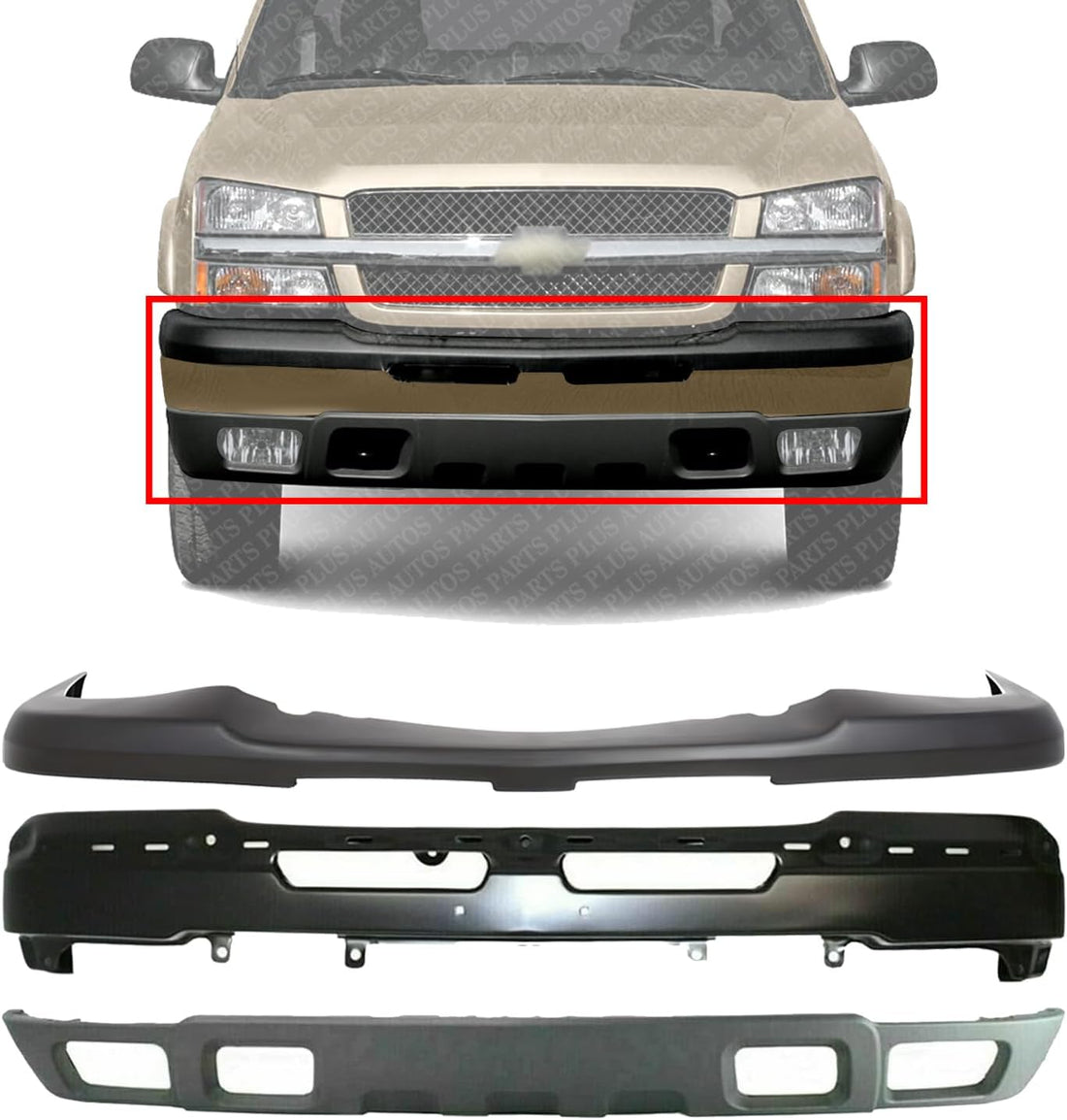 Front Bumper Primed Steel + Upper Cover + Lower Valance Textured Direct Replacement Compatible With Chevrolet Silverado 1500 2003-2006 GM1002417 GM1092173 GM1051110 15139805 89025748