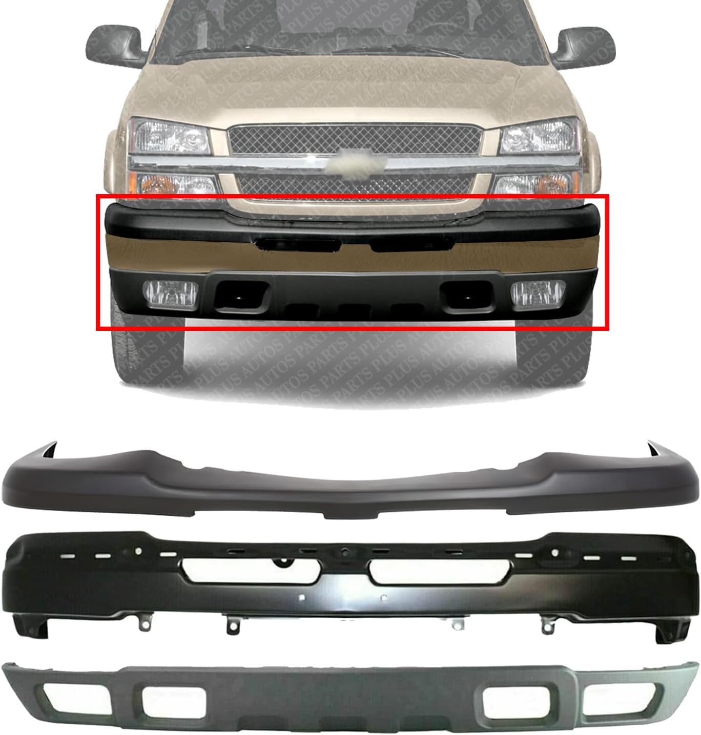 Front Bumper Primed Steel + Upper Cover + Lower Valance Textured Direct Replacement Compatible With Chevrolet Silverado 1500 2003-2006 GM1002417 GM1092173 GM1051110 15139805 89025748