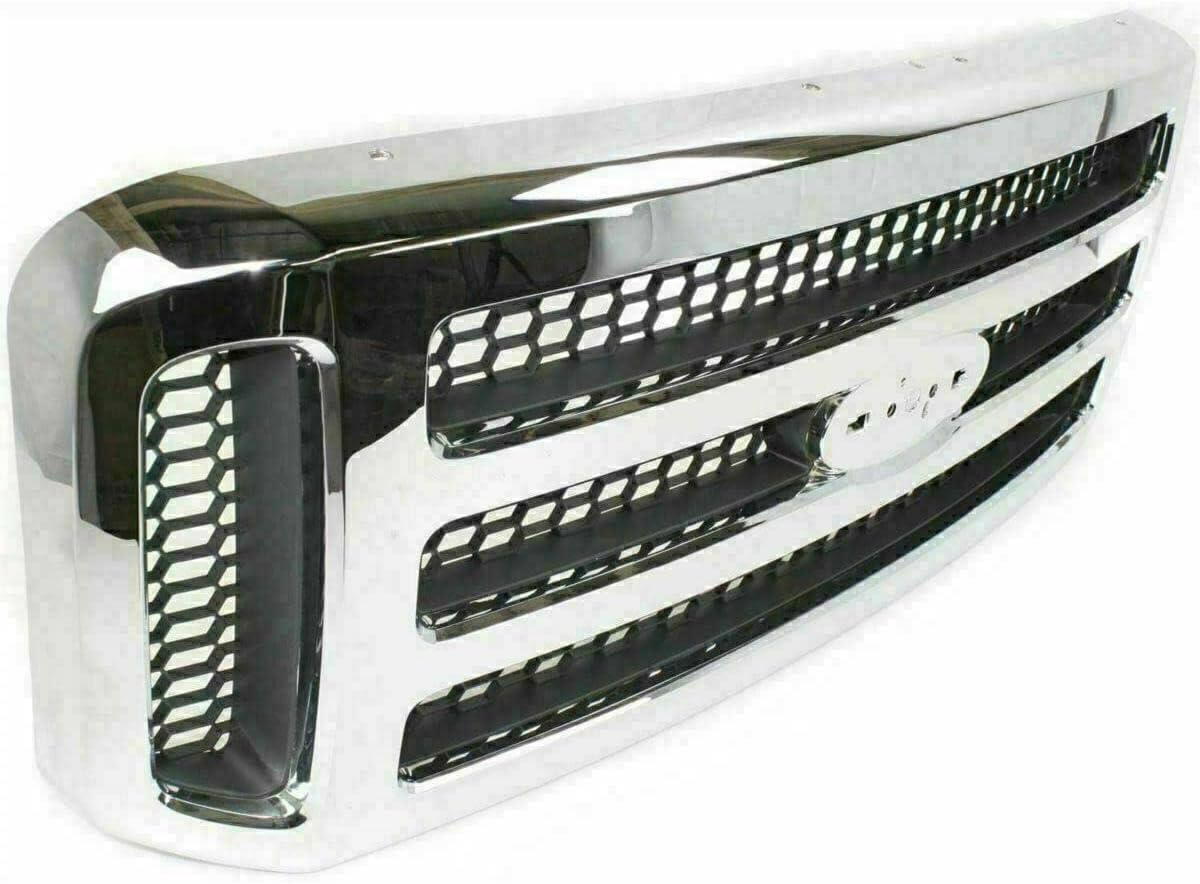 AUTOS PARTS PLUS Front Bumper Chrome Steel + Grille + Lower Valance Textured Direct Replacement Compatible With 2005-2007 Ford F-Series Super Duty / 2005 Excursion FO1200456 FO1002392 FO1095219