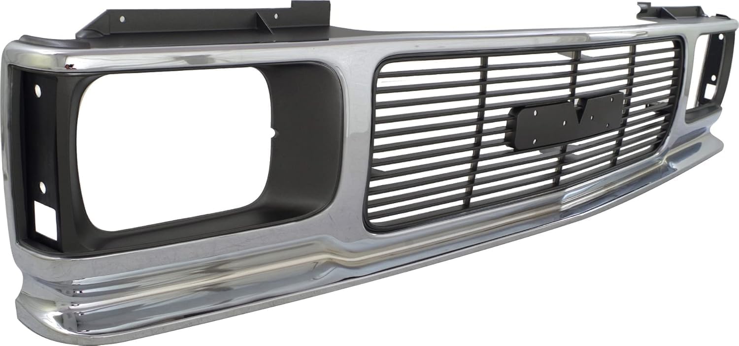 Front Grille Assembly Chrome Shell And Painted Gray Insert With Headlight Holes & Emblem Provision Direct Replacement Compatible With 1992-1994 GMC Jimmy / 1991-1993 Sonoma GM1200346