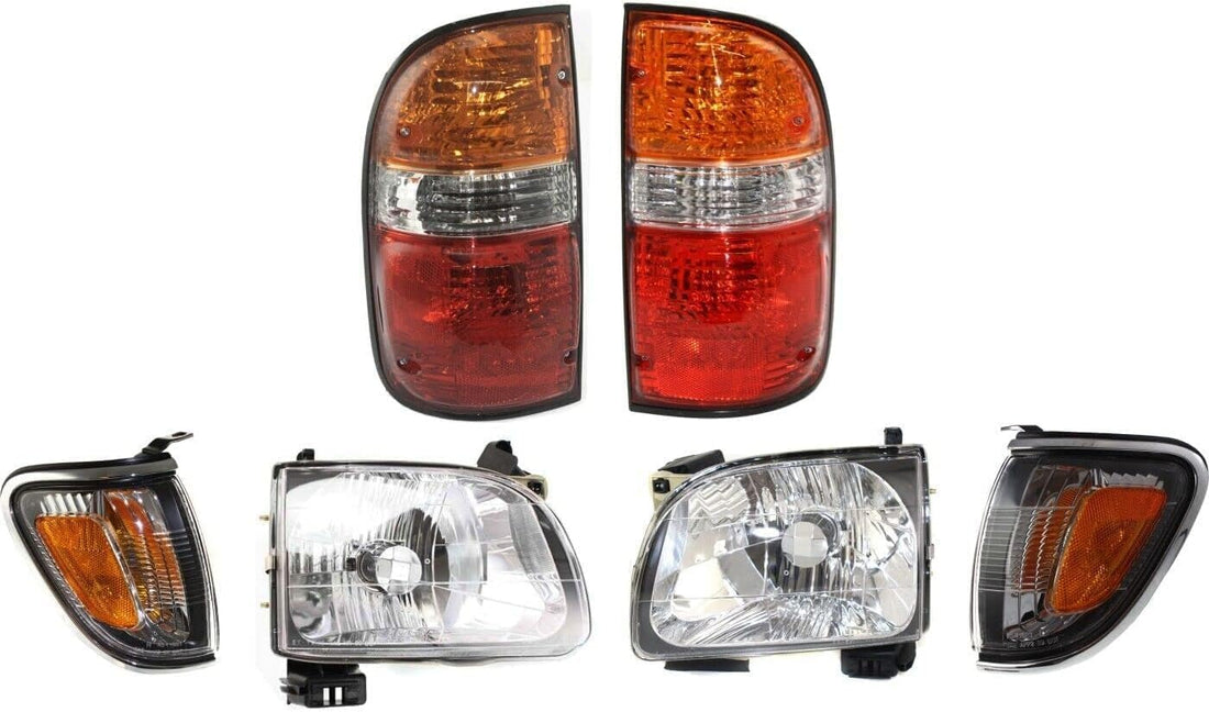 Front Headlights + Corner Light With Chrome Trim + Tail Lamp Assembly Left Driver & Right Passenger Side Direct Replacement Compatible With 2001-2004 Toyota Tacoma TO2503136 TO2502136