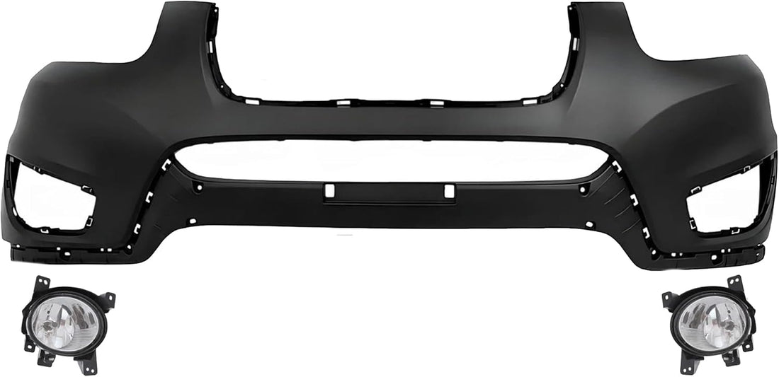 Front Bumper Cover Primed Plastic + Fog Lights Left Driver & Right Passenger Side Direct Replacement Compatible With 2010-2012 Hyundai Santa Fe