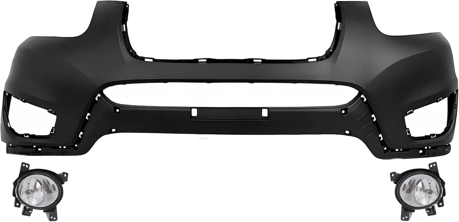 Front Bumper Cover Primed Plastic + Fog Lights Left Driver & Right Passenger Side Direct Replacement Compatible With 2010-2012 Hyundai Santa Fe