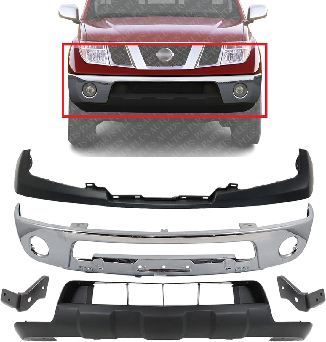 Front Bumper Chrome Steel + Upper Cover + Lower Valance Primed + Stay Bracket Left Driver & Right Passenger Side Direct Replacement Compatible With 2009-2017 Nissan Frontier NI1002143