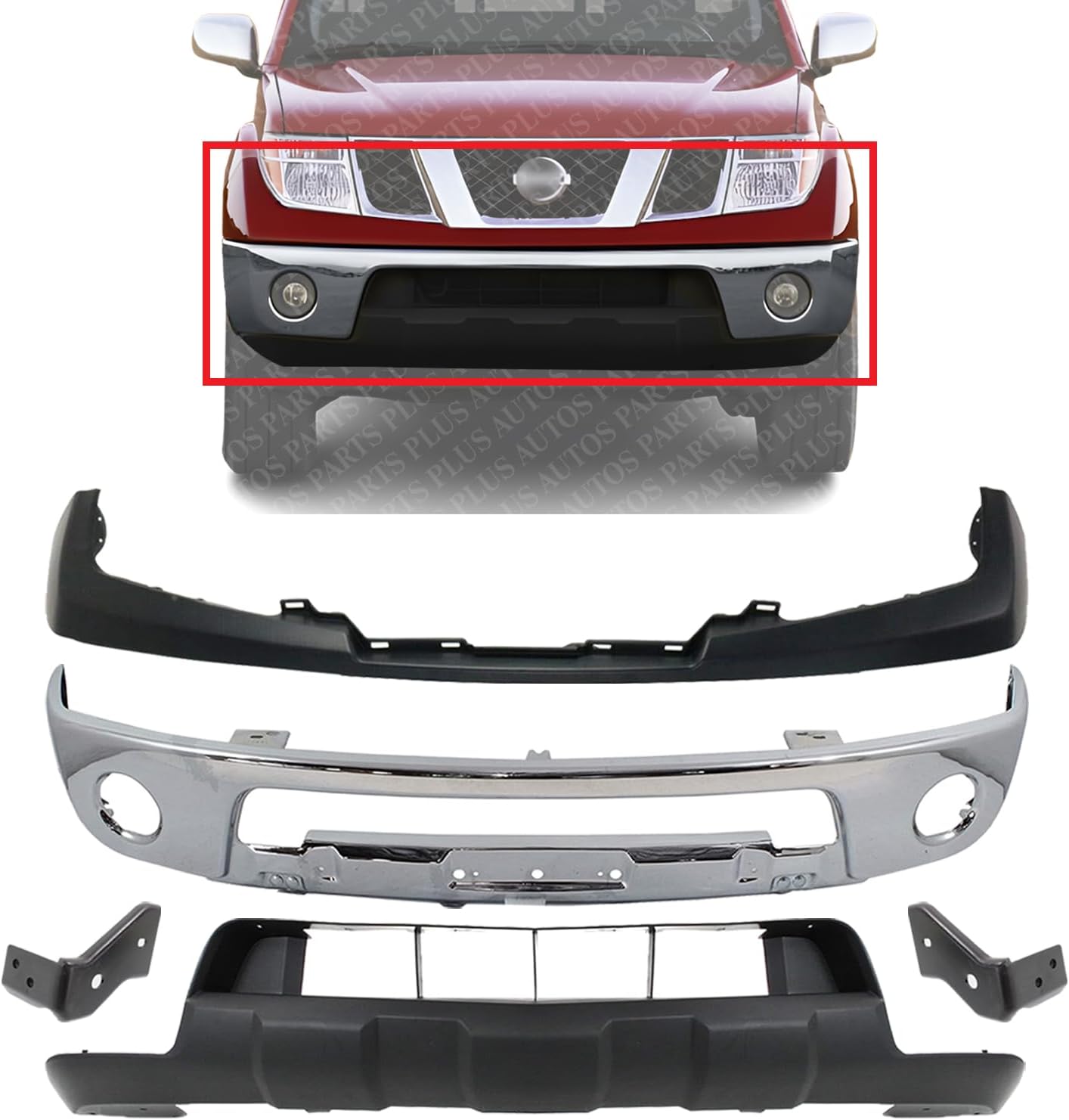 Front Bumper Chrome Steel + Upper Cover + Lower Valance Primed + Stay Bracket Left Driver & Right Passenger Side Direct Replacement Compatible With 2009-2017 Nissan Frontier NI1002143