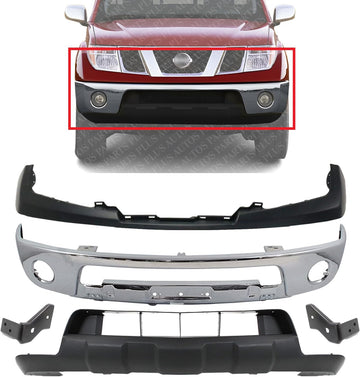 Front Bumper Chrome Steel + Upper Cover + Lower Valance Primed + Stay Bracket Left Driver & Right Passenger Side Direct Replacement Compatible With 2009-2017 Nissan Frontier NI1002143