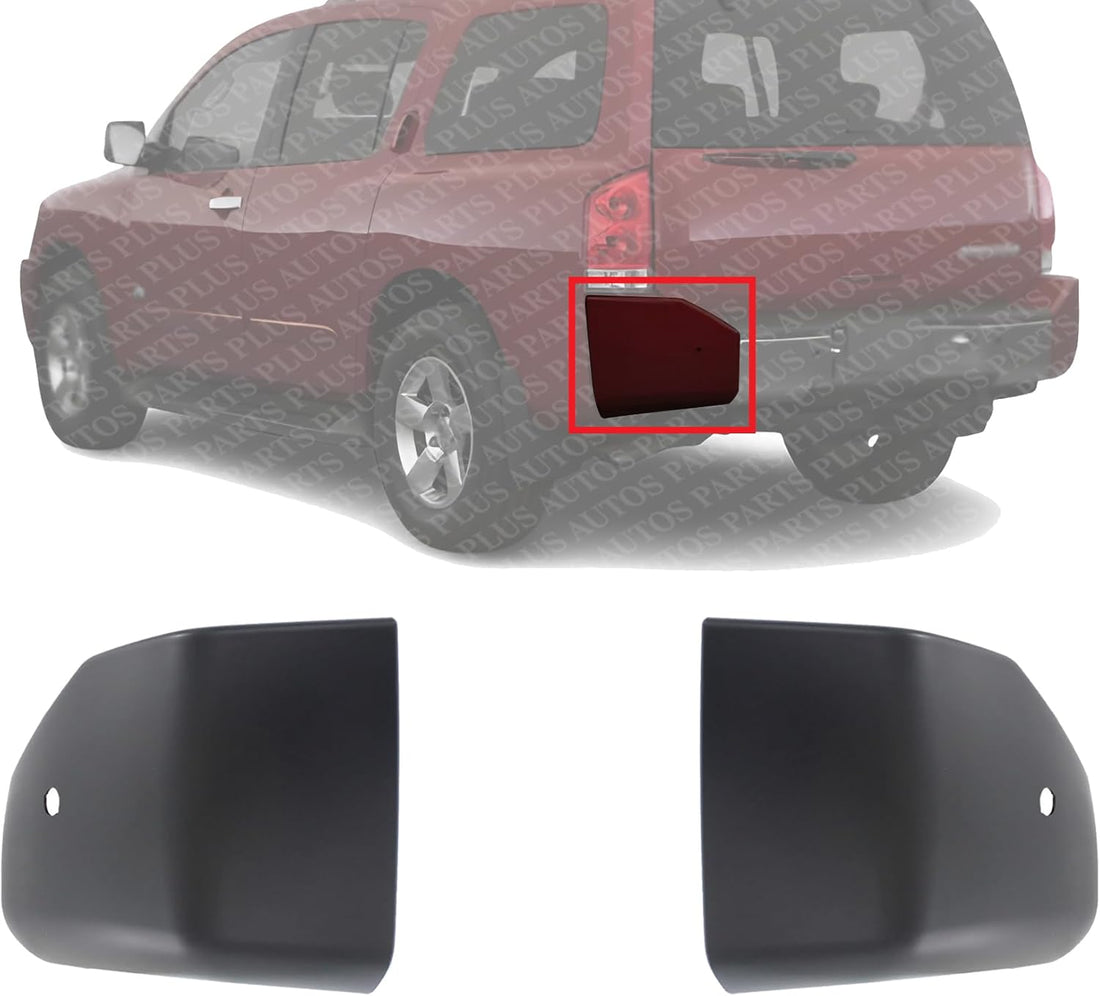 Set Of 2 Rear Bumper End Cap Primed With Park Assist Sensor Holes Left Driver & Right Passenger Side Direct Replacement Compatible With 2004 Nissan Pathfinder / 2005-2006 Armada