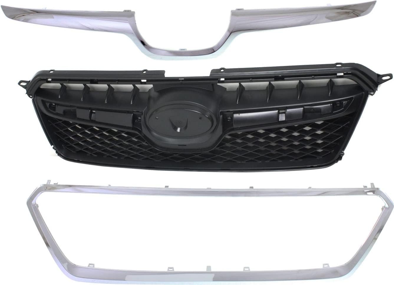 Front Grille Black Shell and Insert + Moldings Center & Surround Chrome Plastic Direct Replacement Compatible With Subaru XV Crosstrek 2013-2015 SU1200151 SU1210100 SU1202100