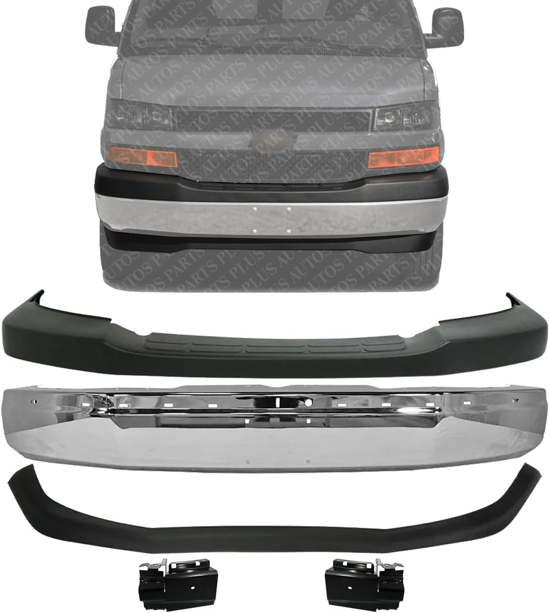 Front Bumper Chrome Steel + Upper Cover + Lower Valance Textured + Bracket Left & Right Side Direct Replacement Compatible With 2003-2017 GMC Savana/Chevrolet Express 1500 2500 3500