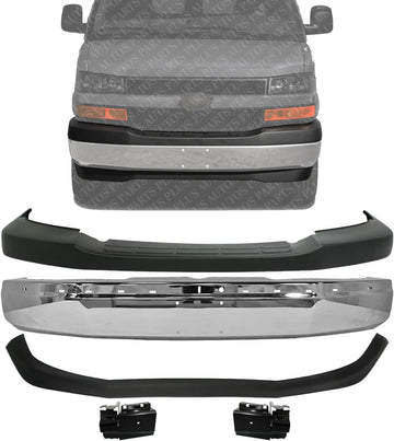 Front Bumper Chrome Steel + Upper Cover + Lower Valance Textured + Bracket Left & Right Side Direct Replacement Compatible With 2003-2017 GMC Savana/Chevrolet Express 1500 2500 3500