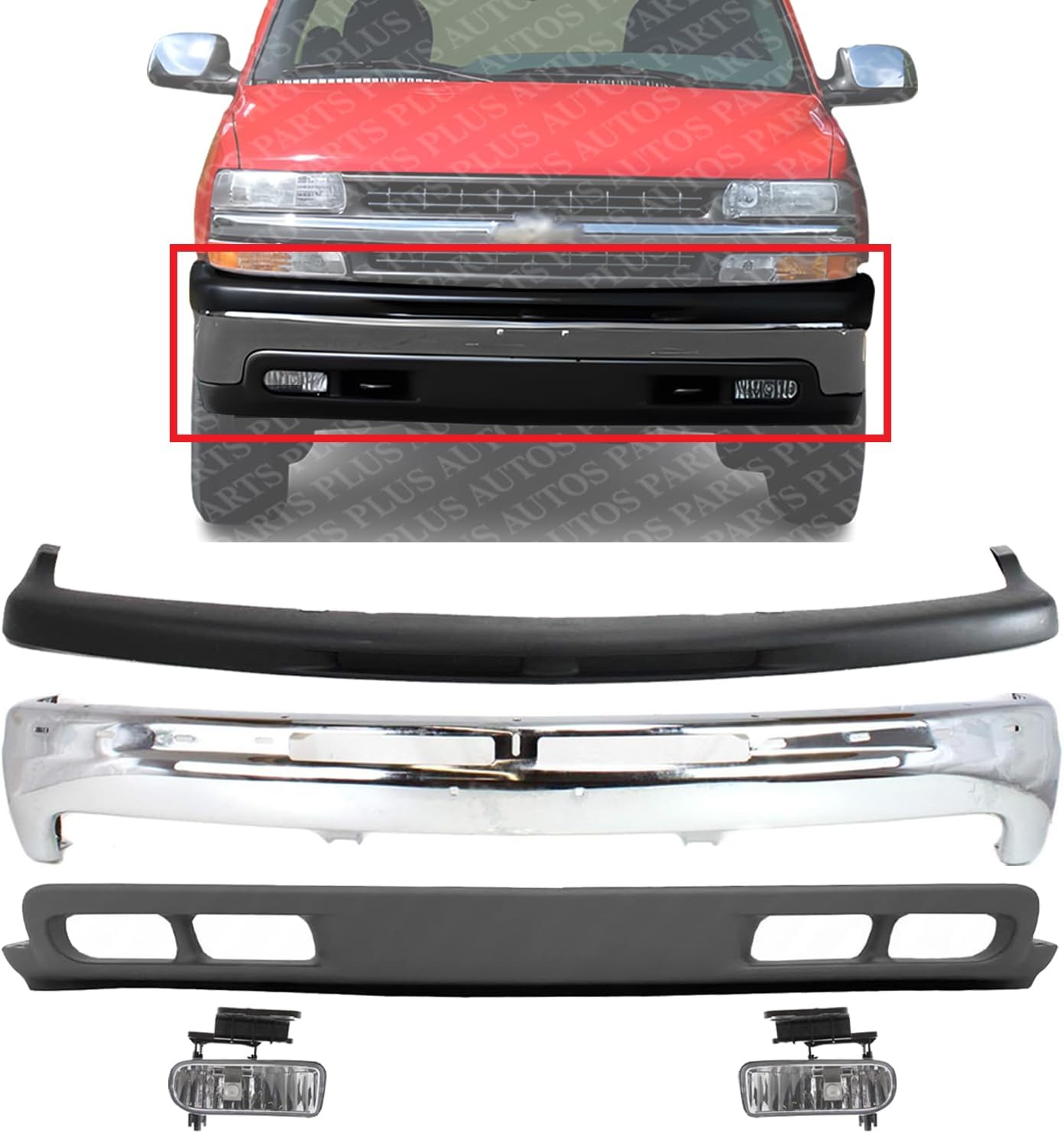 Front Bumper Chrome + Upper Cover Textured + Lower Valance + Fog Light Right & Left Side Direct Replacement Compatible With Chevrolet Silverado 1999-2002 / Tahoe/Suburban 2000-2004