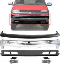 Front Bumper Chrome + Upper Cover Textured + Lower Valance + Fog Light Right & Left Side Direct Replacement Compatible With Chevrolet Silverado 1999-2002 / Tahoe/Suburban 2000-2004