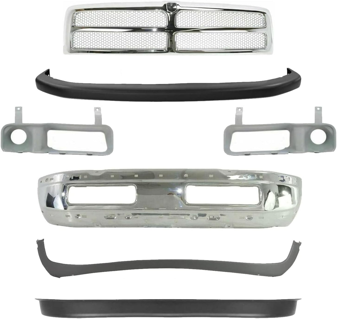Front Bumper + Grille Chrome Shell + Upper & Lower Cover + Valance Textured + Fog Lamp Moldings Left & Right Side Direct Replacement For 1994-2002 Dodge Ram 1500 2500 3500 CH1002256