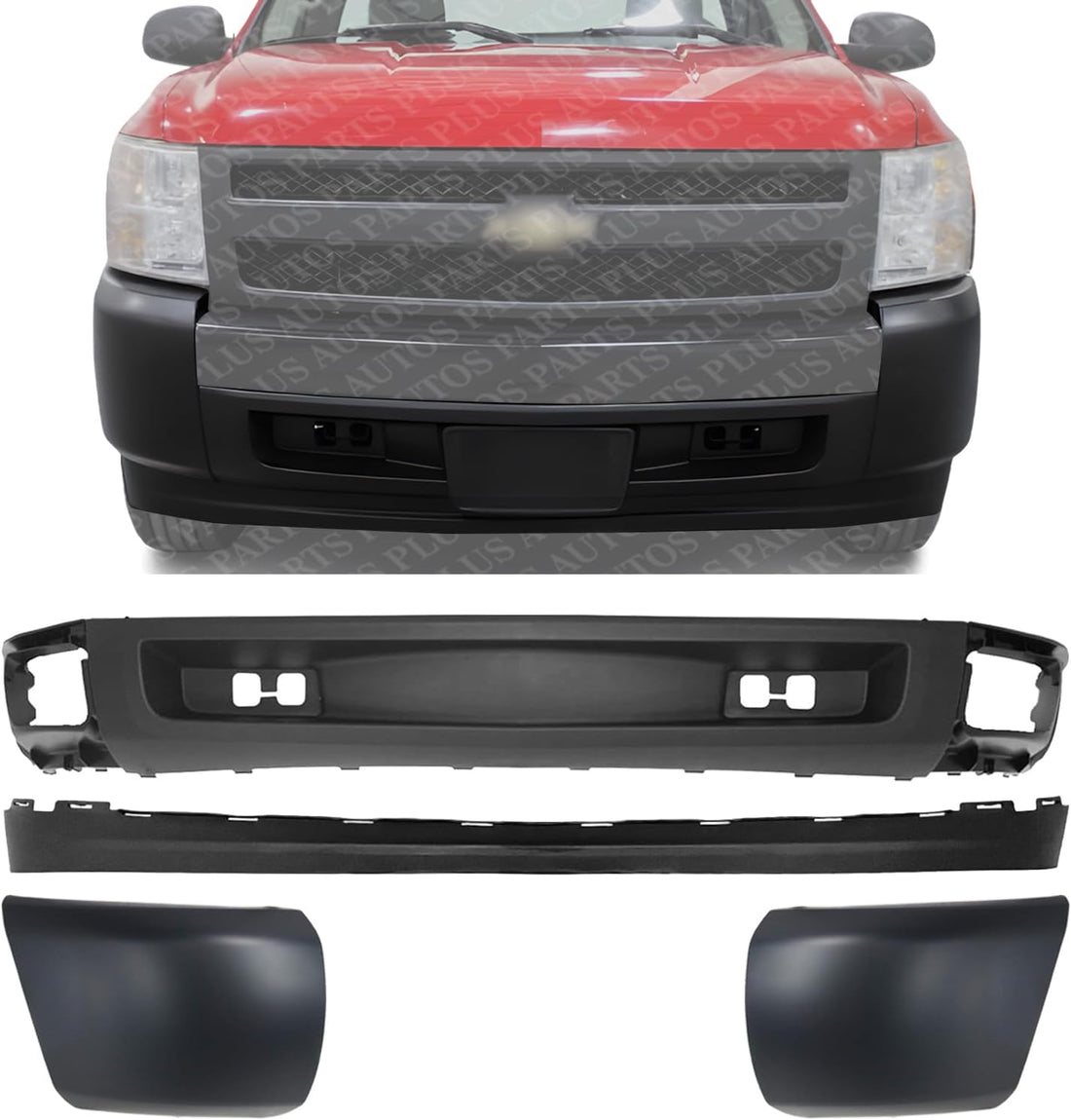 Front Bumper Lower Valance Air Deflector + Extension Textured + End Caps Left & Right Side Direct Replacement Compatible With 2007-2013 Chevrolet Silverado 1500 GM1092191 GM1092192