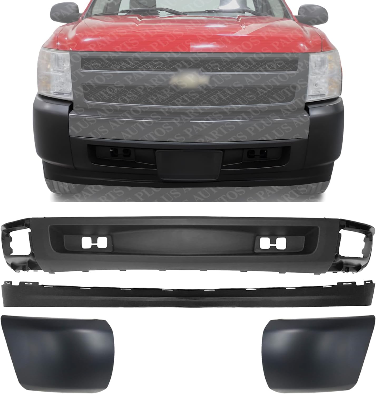 Front Bumper Lower Valance Air Deflector + Extension Textured + End Caps Left & Right Side Direct Replacement Compatible With 2007-2013 Chevrolet Silverado 1500 GM1092191 GM1092192