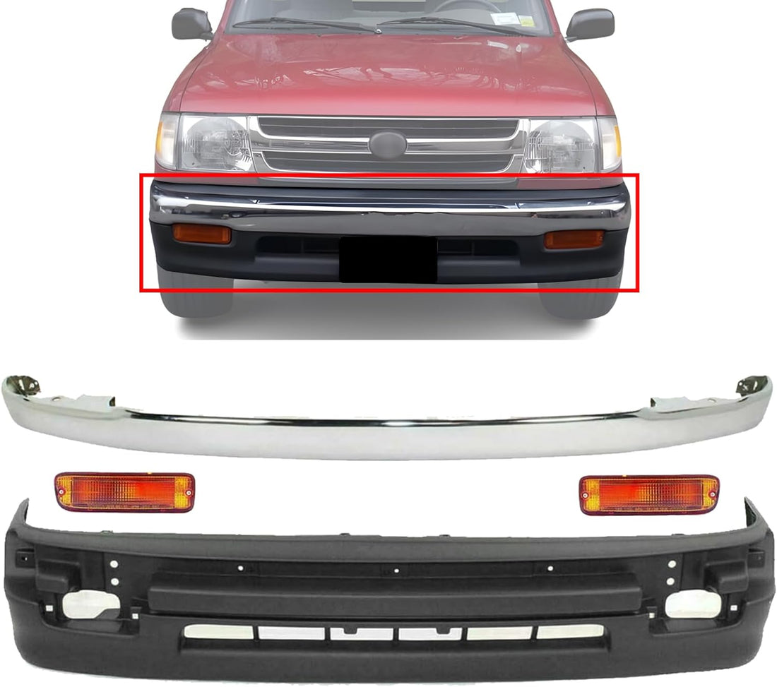 Front Bumper Chrome + Lower Valance Textured + Signal Light Left Driver & Right Passenger Side Direct Replacement Compatible With 1998-2000 Toyota Tacoma TO1095171 TO2530122 TO2531122