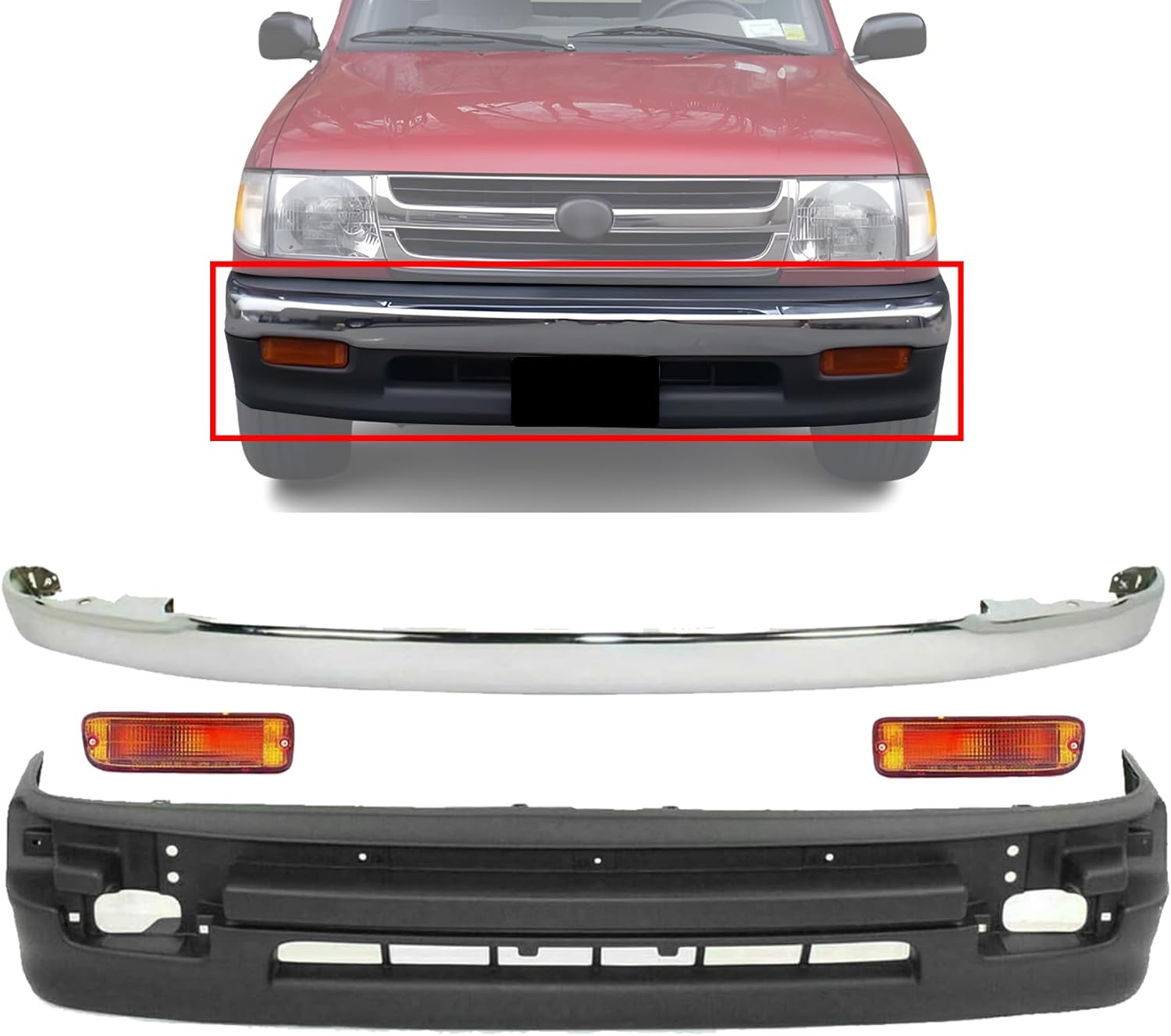 Front Bumper Chrome + Lower Valance Textured + Signal Light Left Driver & Right Passenger Side Direct Replacement Compatible With 1998-2000 Toyota Tacoma TO1095171 TO2530122 TO2531122