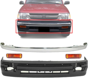 Front Bumper Chrome + Lower Valance Textured + Signal Light Left Driver & Right Passenger Side Direct Replacement Compatible With 1998-2000 Toyota Tacoma TO1095171 TO2530122 TO2531122
