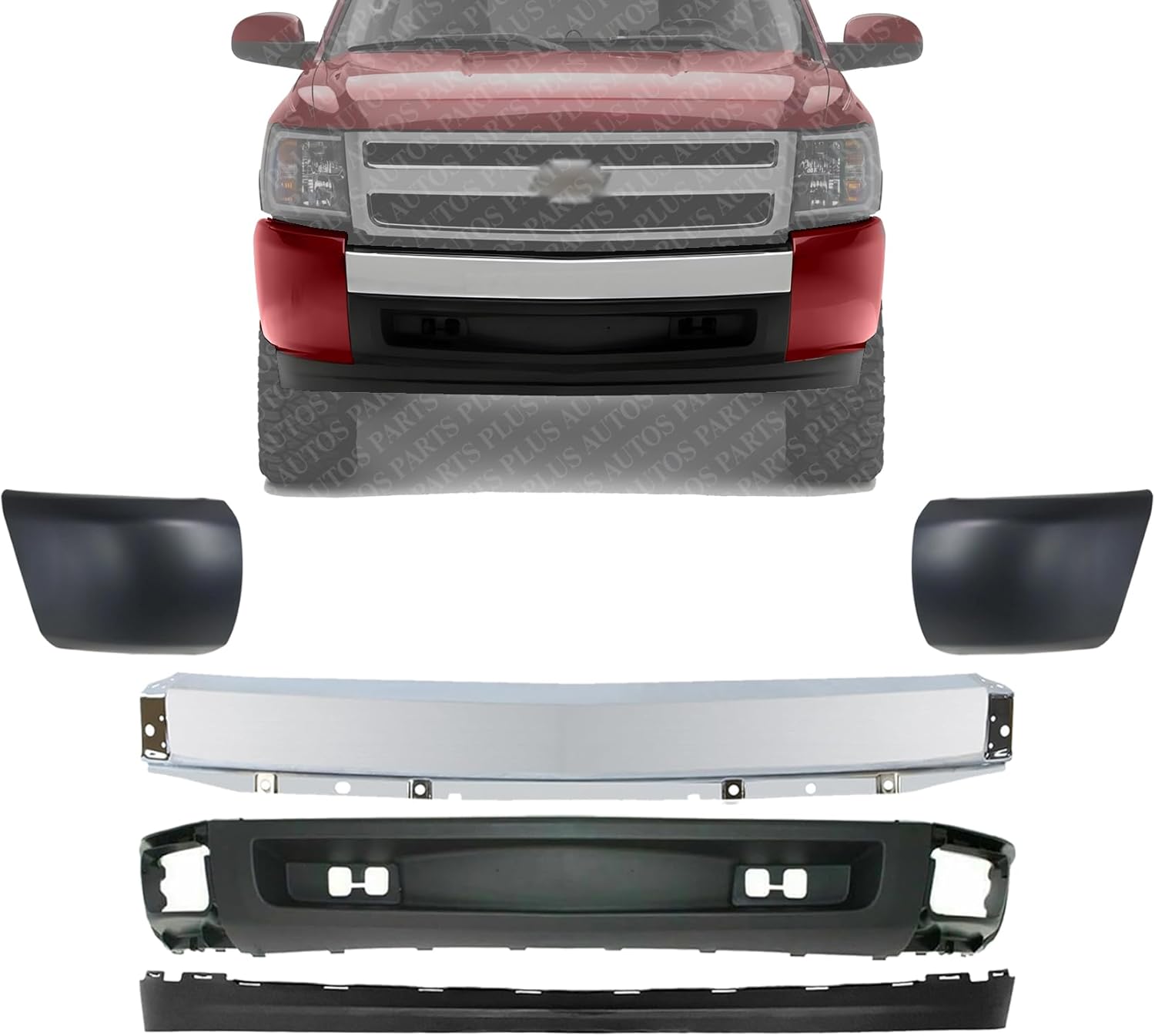 Front Bumper Chrome Steel + Lower Valance Extension Textured + End Caps Primed Direct Replacement Compatible With 2007-2013 Chevrolet Silverado 1500 GM1092191 GM1092192 GM1002830