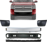 Front Bumper Chrome Steel + Lower Valance Extension Textured + End Caps Primed Direct Replacement Compatible With 2007-2013 Chevrolet Silverado 1500 GM1092191 GM1092192 GM1002830
