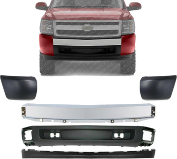 Front Bumper Chrome Steel + Lower Valance Extension Textured + End Caps Primed Direct Replacement Compatible With 2007-2013 Chevrolet Silverado 1500 GM1092191 GM1092192 GM1002830