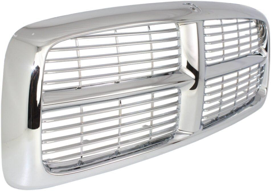 Front Grille Chrome Shell And Horizontal Bar Insert Plastic Direct Replacement Compatible With 2002-2005 Dodge Full Size Pickup D070120