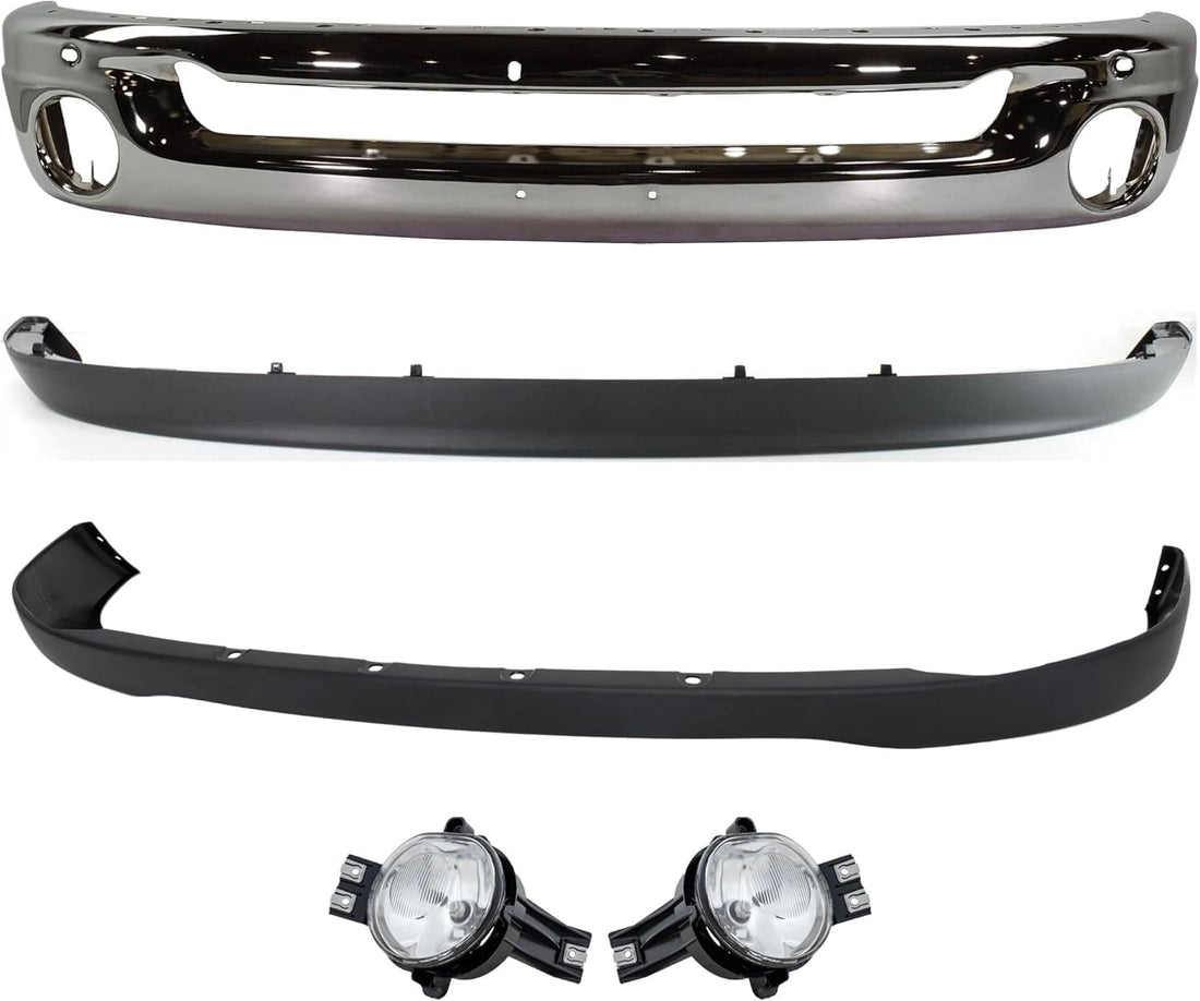 Front Bumper Chrome Steel + Upper Cover + Lower Valance Air Dam + Fog Lamps Left & Right Side Direct Replacement Compatible With 2006-2008 Dodge Ram 1500/2006-2009 2500 3500