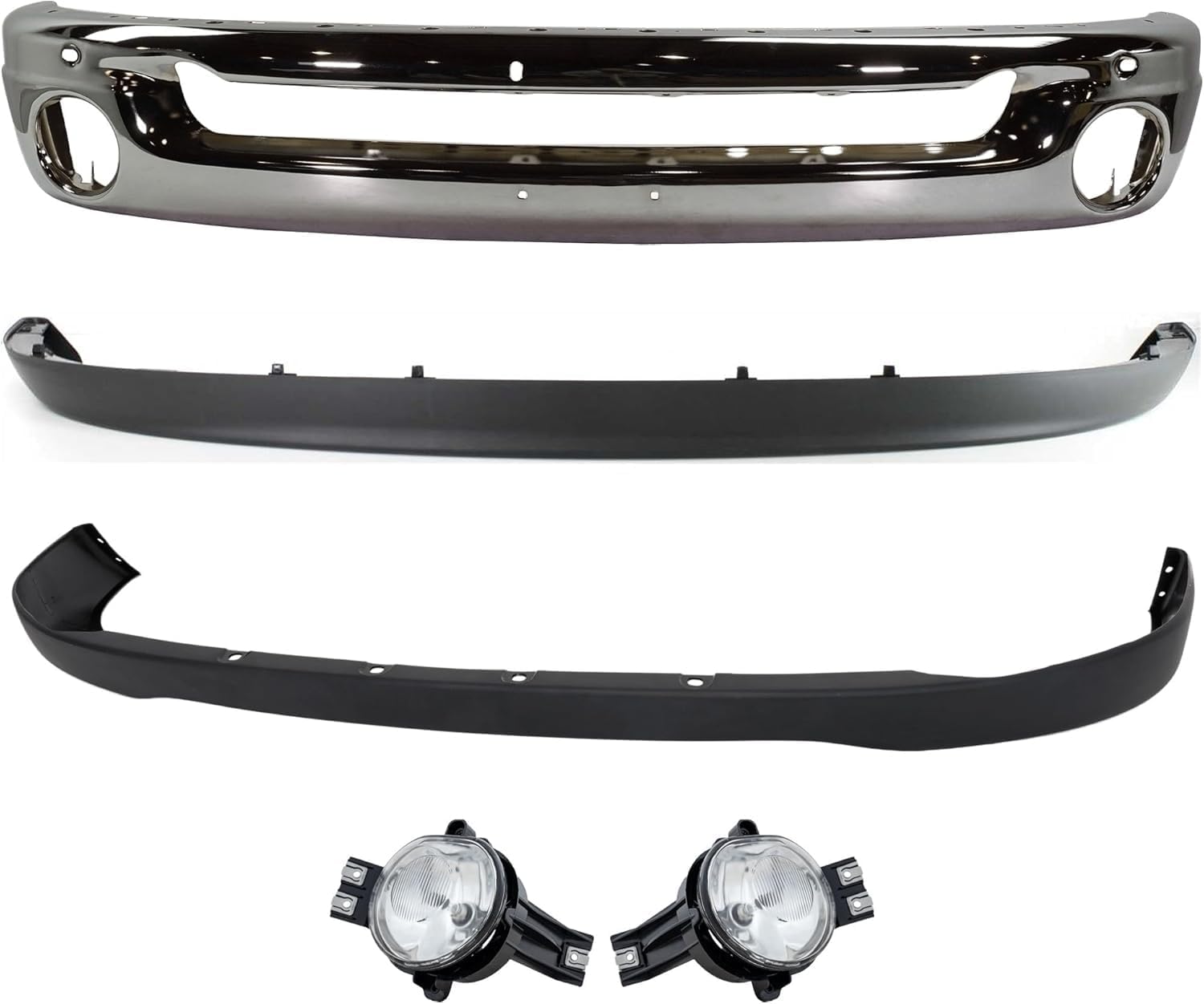 Front Bumper Chrome Steel + Upper Cover + Lower Valance Air Dam + Fog Lamps Left & Right Side Direct Replacement Compatible With 2006-2008 Dodge Ram 1500/2006-2009 2500 3500
