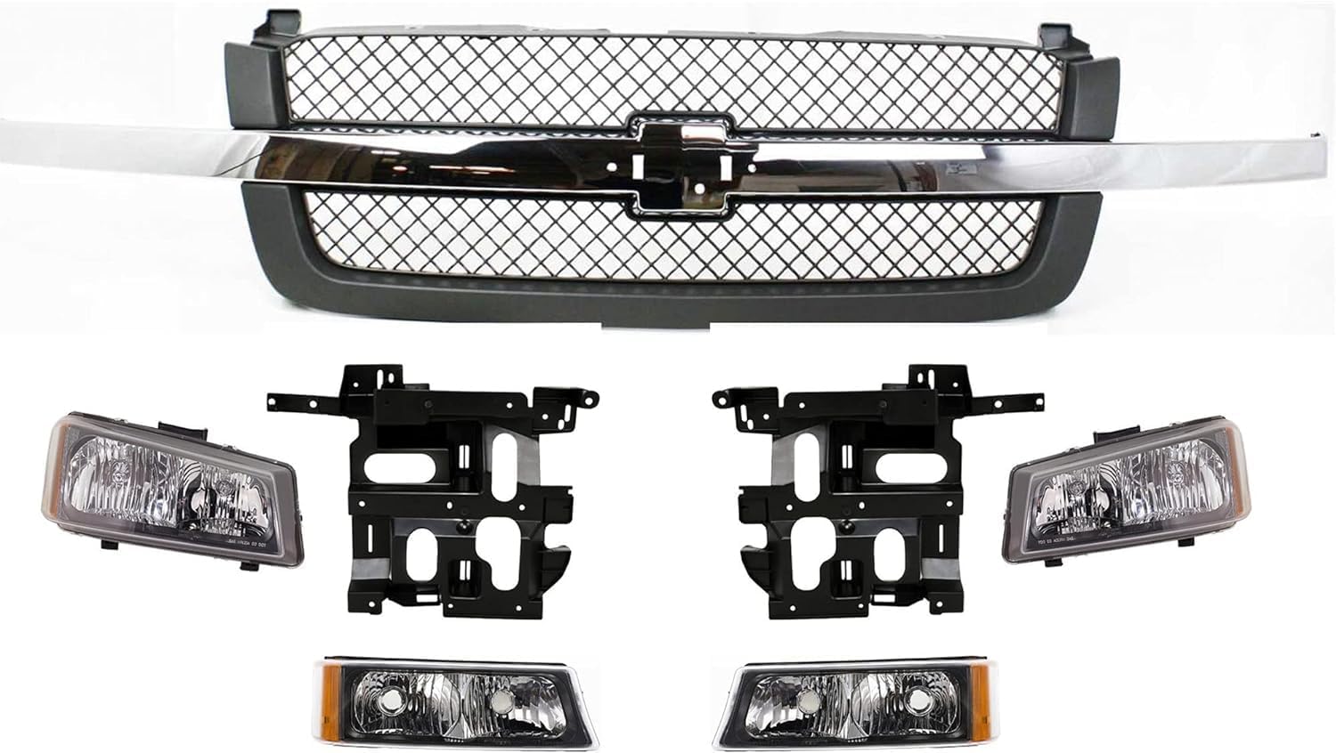 Front Grille With Chrome Center Bar + Headlights + Signal Lights + Brackets Left & Right Side Direct Replacement Compatible With 2003-2006 Chevrolet Silverado 1500 2500 GM1200489