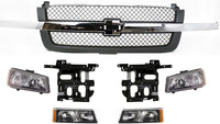 Front Grille With Chrome Center Bar + Headlights + Signal Lights + Brackets Left & Right Side Direct Replacement Compatible With 2003-2006 Chevrolet Silverado 1500 2500 GM1200489
