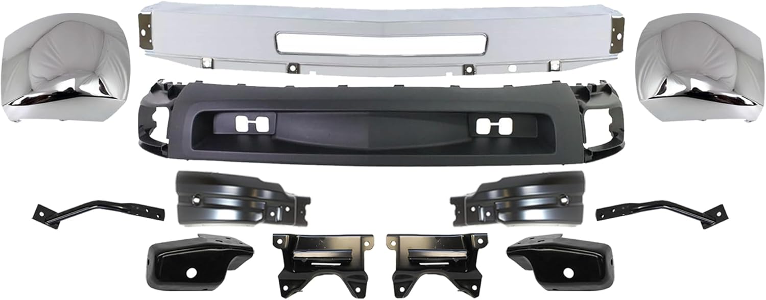 Front Bumper + Grille + Hood Molding + End Caps Chrome + Lower Valance Textured + Brackets Left & Right Side Direct Replacement Compatible with 2007-2010 Chevy Silverado 2500HD 3500HD