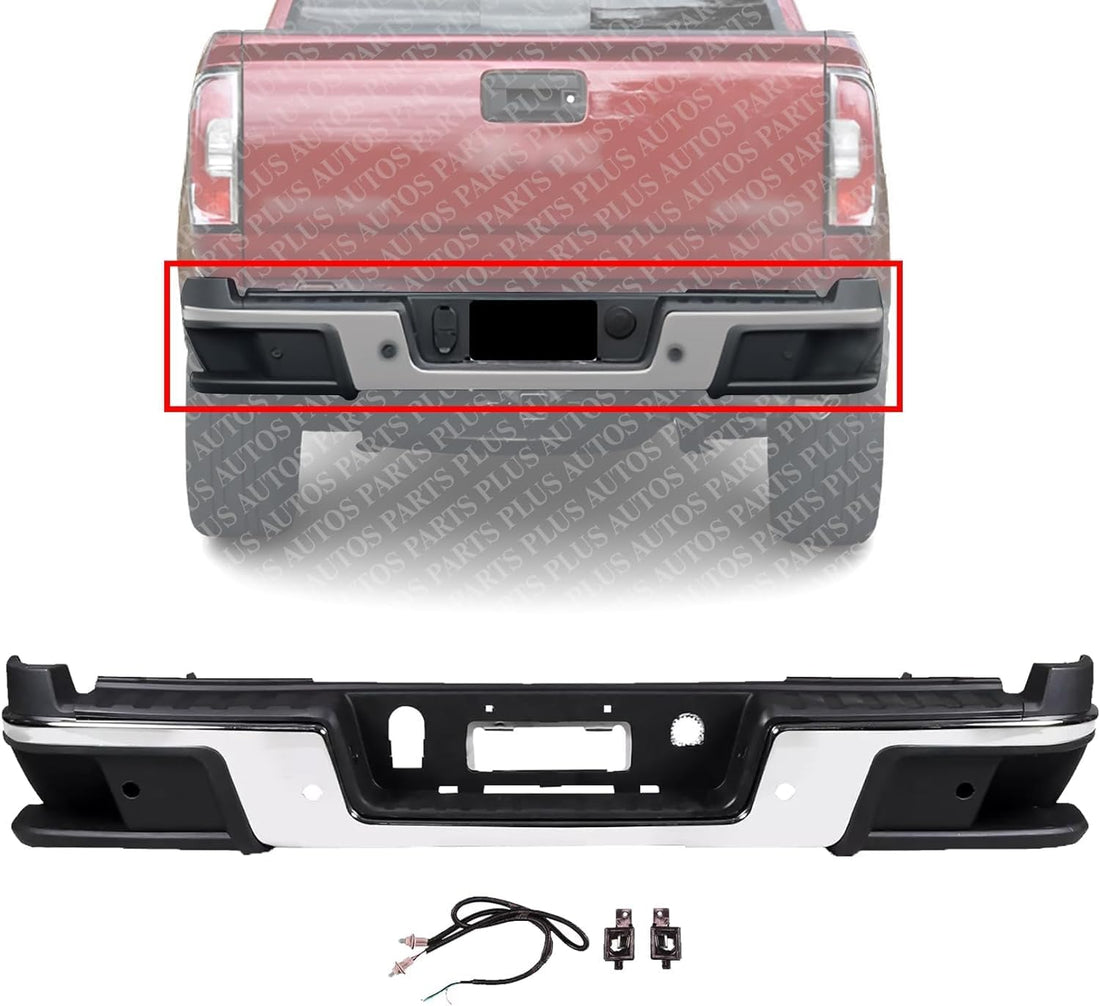 Rear Bumper Chrome Steel With Step Pad Assembly & Sensor Holes Direct Replacement Compatible With 2019-2021 Chevy Colorado/GMC Canyon GM1102568 GM1103206 GM1103205 84567940