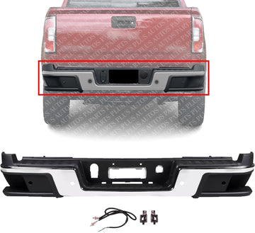 Rear Bumper Chrome Steel With Step Pad Assembly & Sensor Holes Direct Replacement Compatible With 2019-2021 Chevy Colorado/GMC Canyon GM1102568 GM1103206 GM1103205 84567940