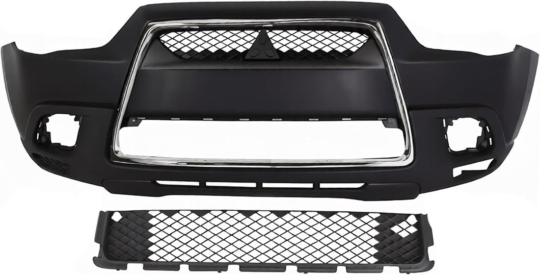 Front Bumper Cover Primed Plastic + Upper & Lower Grille + Chrome Molding Direct Replacement Compatible With 2011-2012 Mitsubishi Outlander/RVR