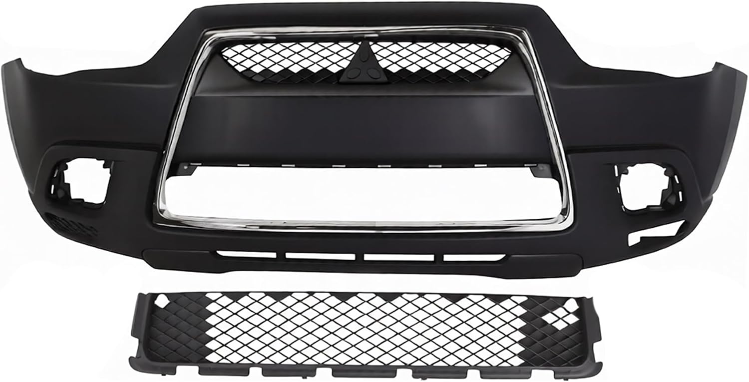 Front Bumper Cover Primed Plastic + Upper & Lower Grille + Chrome Molding Direct Replacement Compatible With 2011-2012 Mitsubishi Outlander/RVR