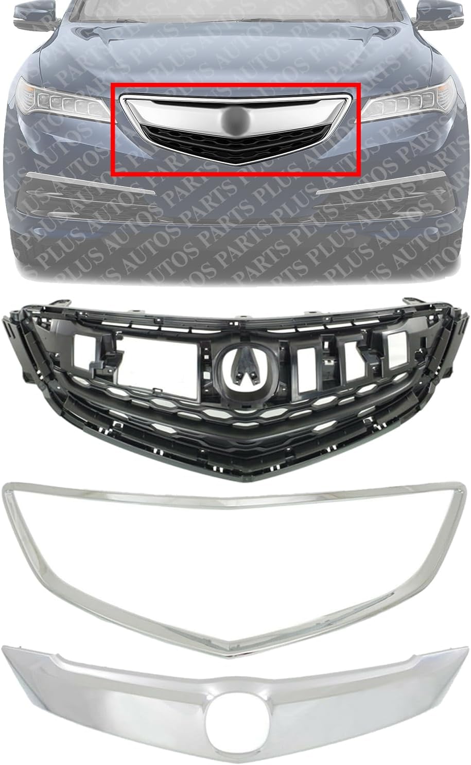 Front Grille Primed Shell & Insert + Upper And Surround Molding Chrome Direct Replacement Compatible With 2015-2017 Acura TLX AC1200124 AC1210118 AC1202106 75105TZ3A01 75125TZ3A01
