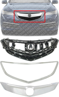 Front Grille Primed Shell & Insert + Upper And Surround Molding Chrome Direct Replacement Compatible With 2015-2017 Acura TLX AC1200124 AC1210118 AC1202106 75105TZ3A01 75125TZ3A01