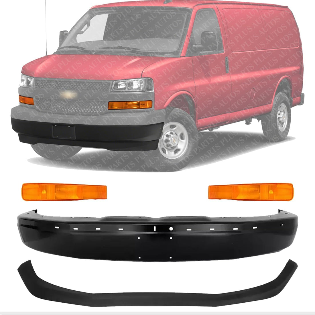 Front Bumper Primed + Lower Valance Contoured Air Deflector Textured + Signal Lights Left & Right Side Direct Replacement Compatible With 2003-2017 GMC Savana Chevrolet Express Van