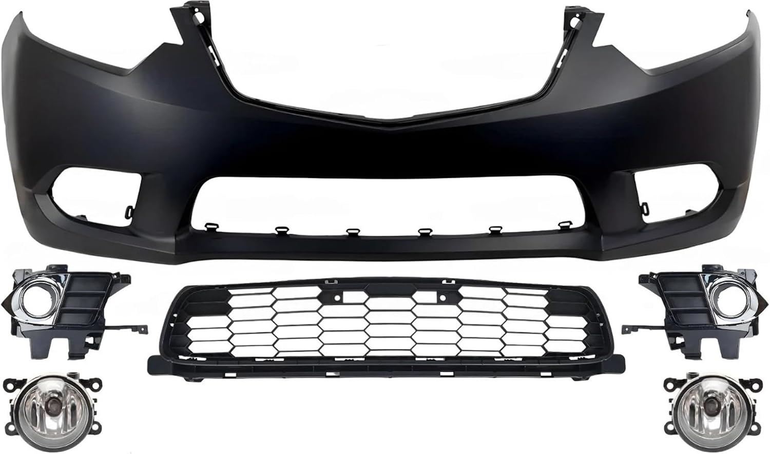 Front Bumper Cover Primed Plastic + Lower Grille + Fog Light + Trim & Molding Left Driver & Right Passenger Side Direct Replacement Compatible With 2011-2014 Acura TSX