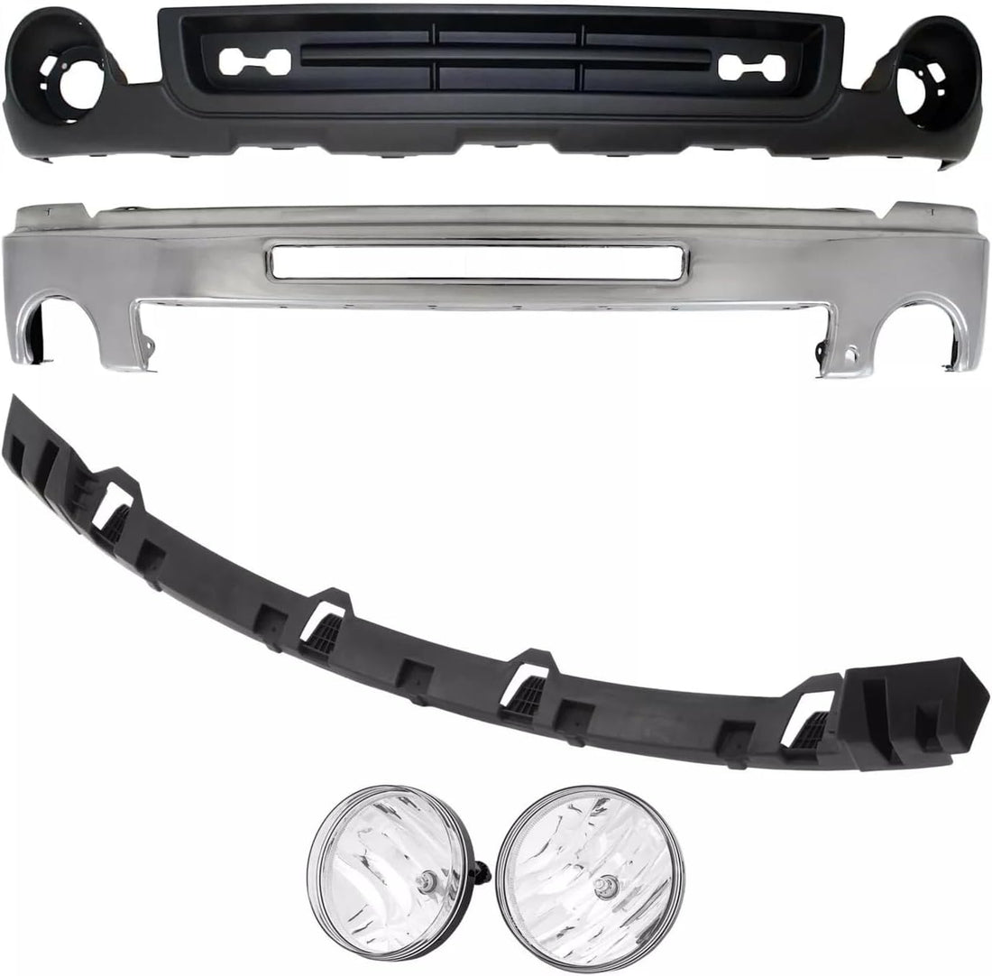 Front Bumper Chrome Steel + Upper Cover + Lower Valance Air Deflector Textured + Fog Lamps Assembly Left & Right Side Direct Replacement Compatible With 2007-2013 GMC Sierra 1500