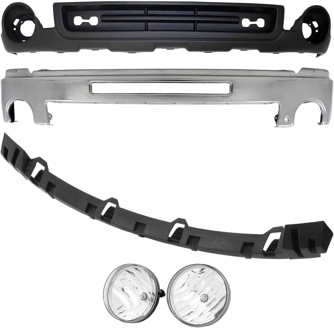 Front Bumper Chrome Steel + Upper Cover + Lower Valance Air Deflector Textured + Fog Lamps Assembly Left & Right Side Direct Replacement Compatible With 2007-2013 GMC Sierra 1500